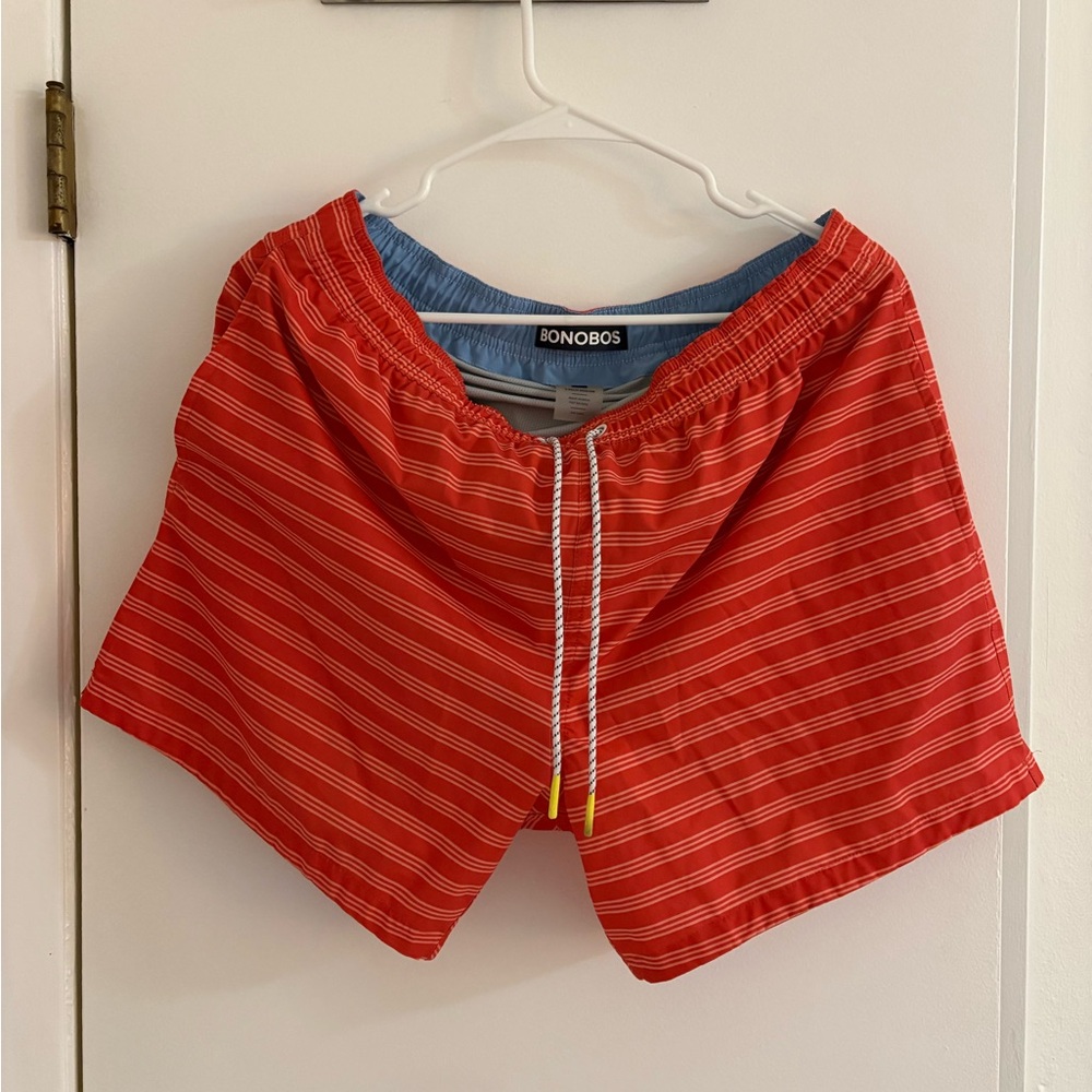 Bonobos Orange Swim Shorts with White Stripes